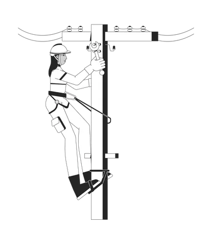 Female electrician repairing utility pole  Illustration