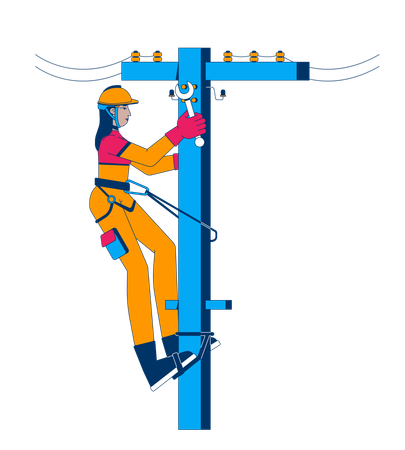 Female electrician repairing utility pole  Illustration