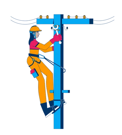 Female electrician repairing utility pole  Illustration