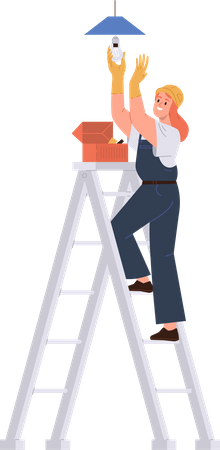 Female electrician screwing light bulb lamp into ceiling chandelier standing on step ladder  Illustration