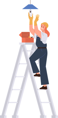 Female electrician screwing light bulb lamp into ceiling chandelier standing on step ladder  Illustration