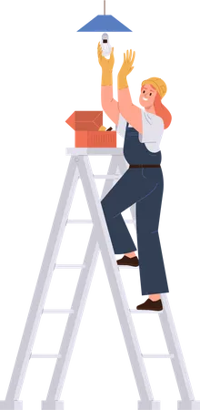 Female electrician screwing light bulb lamp into ceiling chandelier standing on step ladder  Illustration