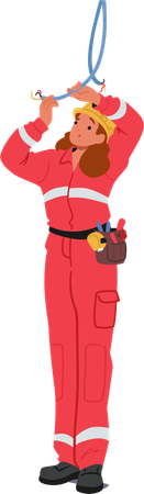 Female Electrician Wearing Red Jumpsuit Helmet And Tool Belt Work with Cable  Illustration