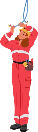 Female Electrician Wearing Red Jumpsuit Helmet And Tool Belt Work with Cable  Illustration