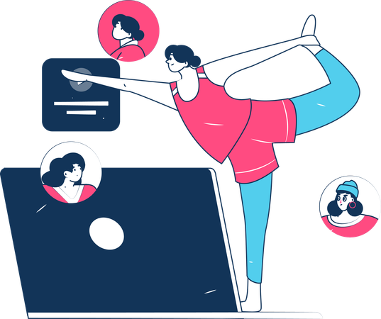 Female employee connect with friends online while doing yoga  Illustration