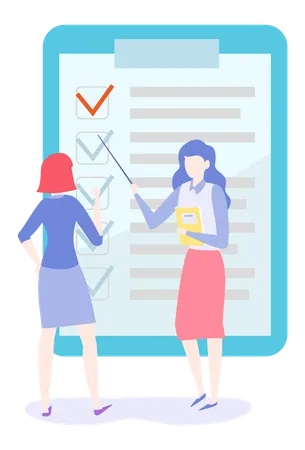 Successful Execution Of Tasks From Check List Women Create To Do List Daily Plan Colleagues Discussing Planning Checklist On Clipboard Woman Presenting Plan With Tasks Vector Illustration Illustration