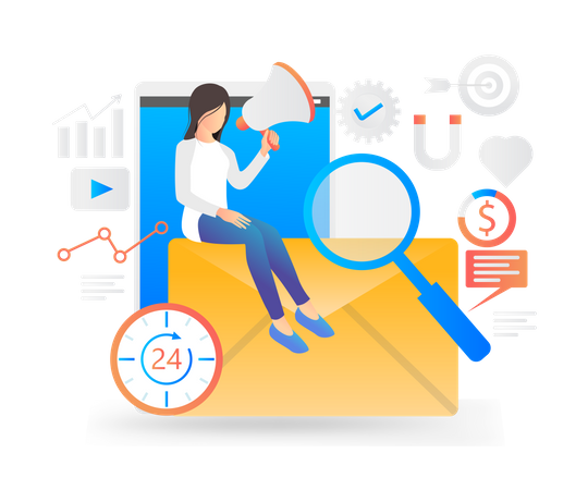 Female employee doing email marketing  Illustration