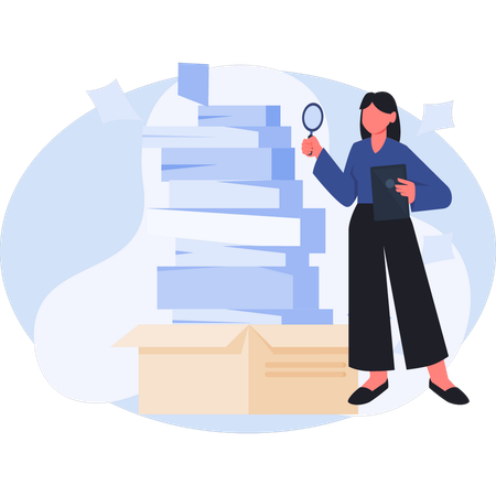 Female employee doing research on document of finances business  Illustration