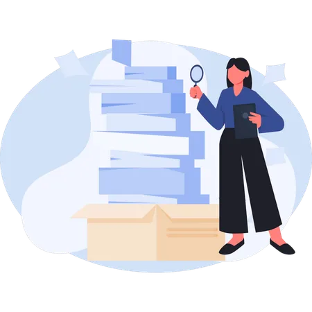 Female employee doing research on document of finances business  Illustration