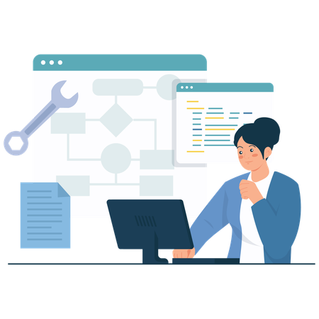 Female employee doing Software Planning and Logic  Illustration