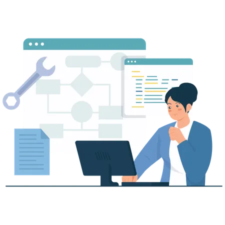 Female employee doing Software Planning and Logic  Illustration