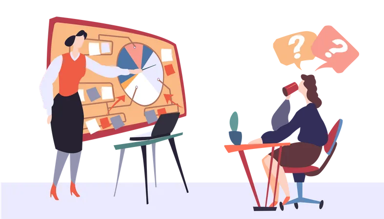 A Woman In A Business Dress Uses A Pointer To Demonstrate The Diagram On The Board With Stickers Female Employee Sits At The Table And Drinks While Listening To The Explanation Of Her Boss Illustration