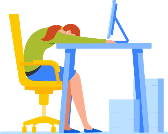 Exhausted Office Worker Professional Burnout Overwork Tiredness Fatigue And Depression Symptom Concept Tired Overload Businesswoman Sleeping On Office Desk Cartoon Vector Illustration Illustration