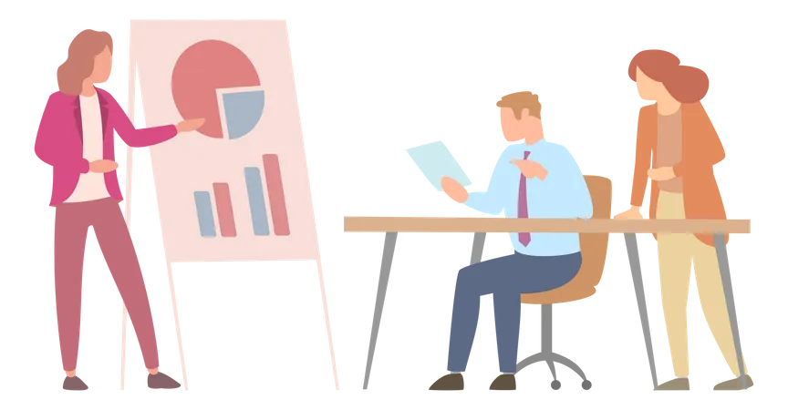 Manager Makes Presentation Of Statistical Report Analysis Charts Planning Business Teamwork Consulting For Project Management Financial Reporting And Strategy Data Analysis Research Statistics Illustration