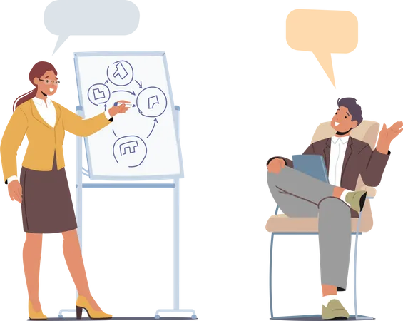 Business People Think And Discussing Idea Teamwork Brainstorm Concept Creative Team Man And Woman In Office Projecting On White Board Discuss New Project Cartoon Vector Illustration Illustration