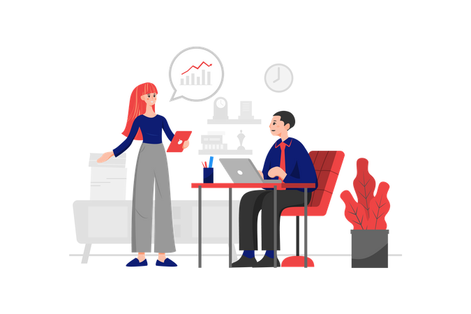 Female employee is reading financial statements for the director in the office  Illustration