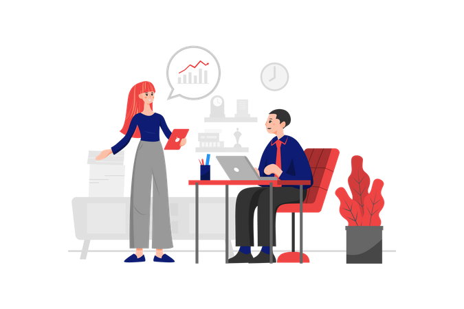 Female employee is reading financial statements for the director in the office Illustration