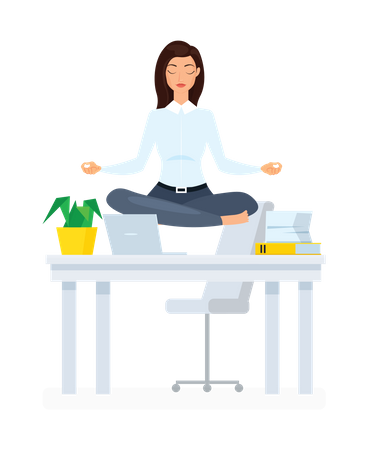 Female employee meditating at work  Illustration