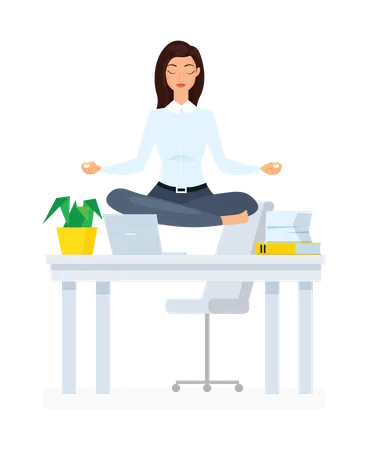 Female employee meditating at work  Illustration