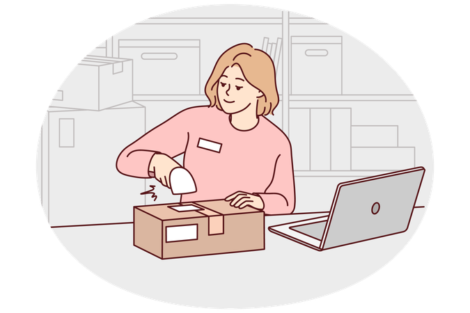 Female employee packing parcels at warehouse  Illustration