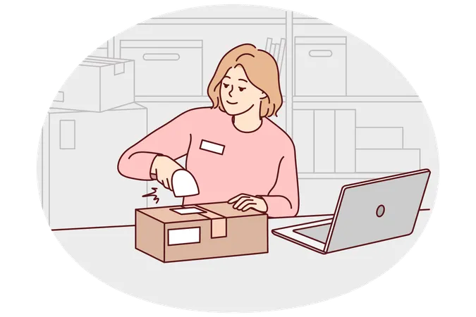Female employee packing parcels at warehouse  Illustration