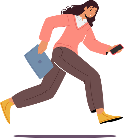 Female employee running towards work Illustration