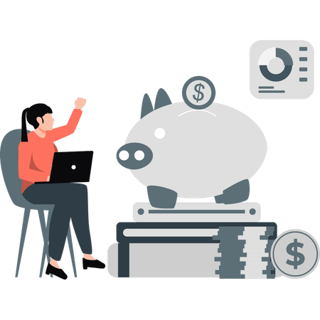 Female employee saving money in piggy bank  Illustration