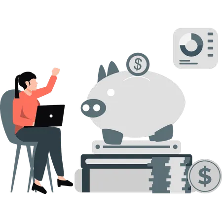 Female employee saving money in piggy bank  Illustration