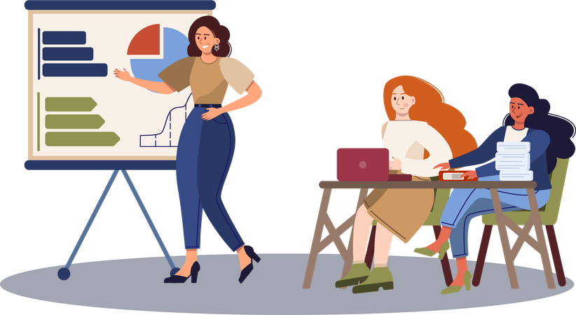 Female employee showing business analysis data  일러스트레이션