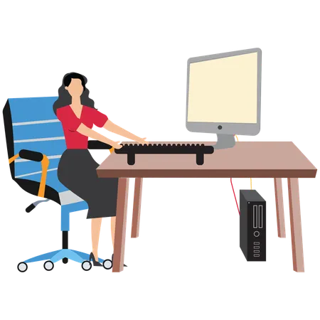Female employee sitting at table with computer  Illustration