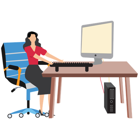 Female employee sitting at table with computer  Illustration