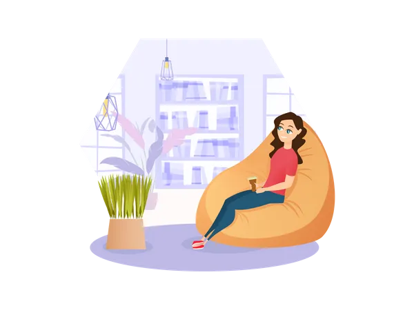Female employee sitting on beanbag Illustration