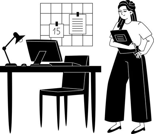 Female Employee Standing Next To Her Workplace In The Office Black And White Illustration Illustration