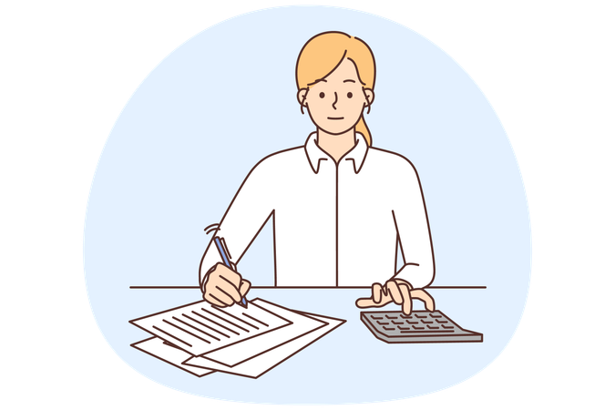 Female employee take notes on paper count on calculator sitting at office desk  Illustration