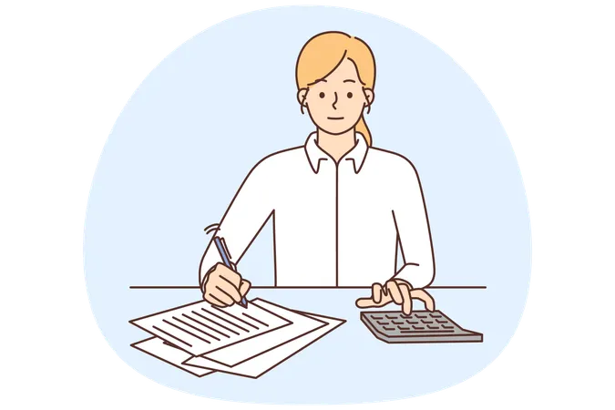 Female employee take notes on paper count on calculator sitting at office desk  Illustration