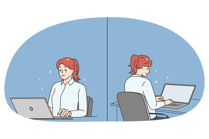 オフィスでコンピューターを操作する女性従業員  イラスト