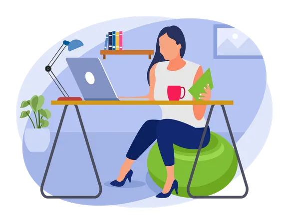 Female employee working from home on desk Illustration