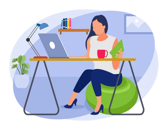 Female employee working from home on desk  Illustration