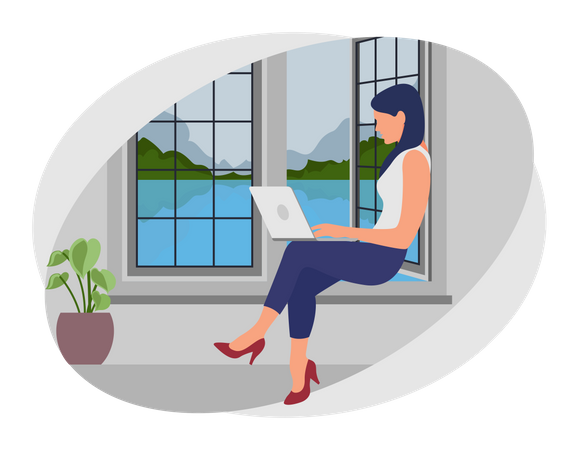 Female employee working from home while seating on window  Illustration