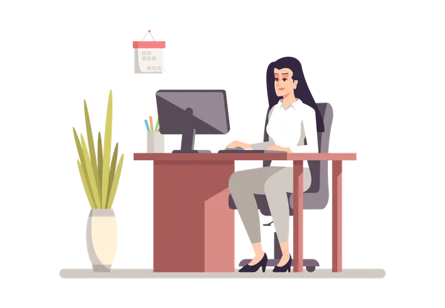 Secretary Flat Vector Color Illustration Personal Assistant Working At Office Concept Programmer Designer With Computer Young Female Employee Office Worker Isolated Cartoon Character Illustration