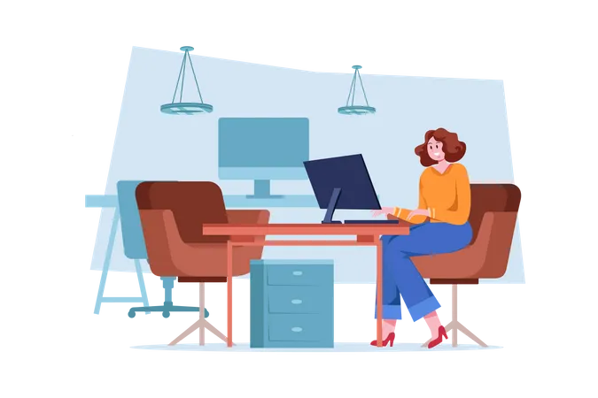 Female employee working on computer Illustration
