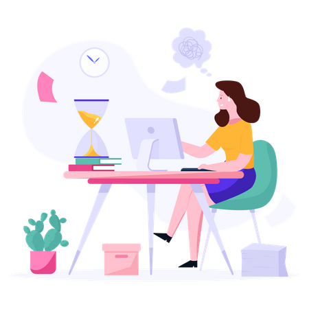 Female employee working on deadline project  Illustration