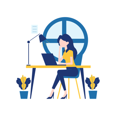 Female Employee Working on Laptop at Workplace  Illustration