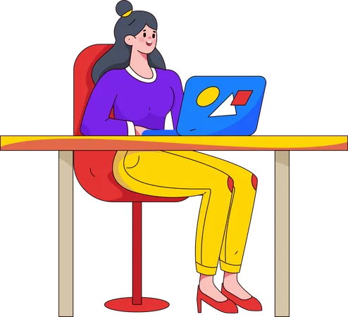 オフィスでノートパソコンを操作する女性従業員  イラスト