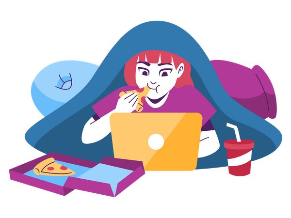 Female employee working on laptop while eating pizza  Illustration