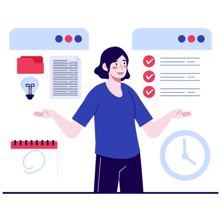 Female employee working on Organized Workflow  Illustration