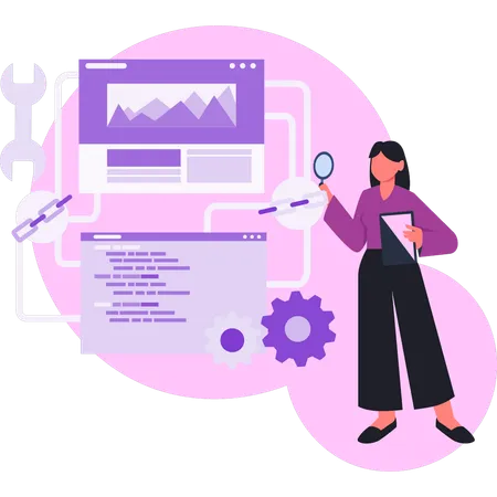 Female employee working on search engine optimization  Illustration