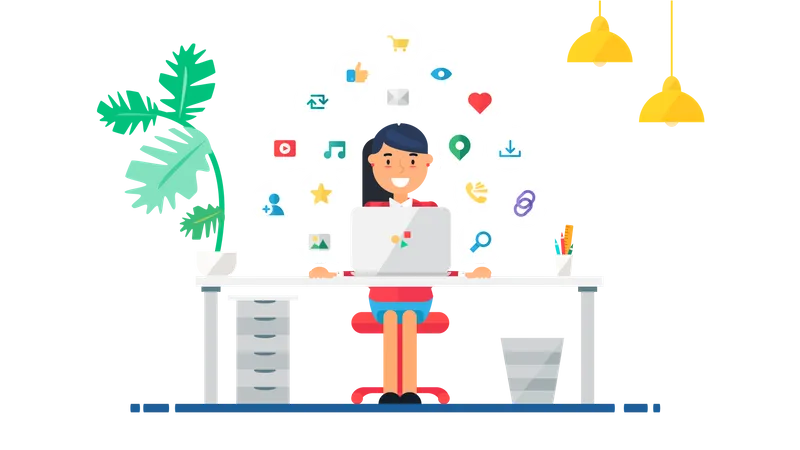 Female employee working on social media marketing  Illustration