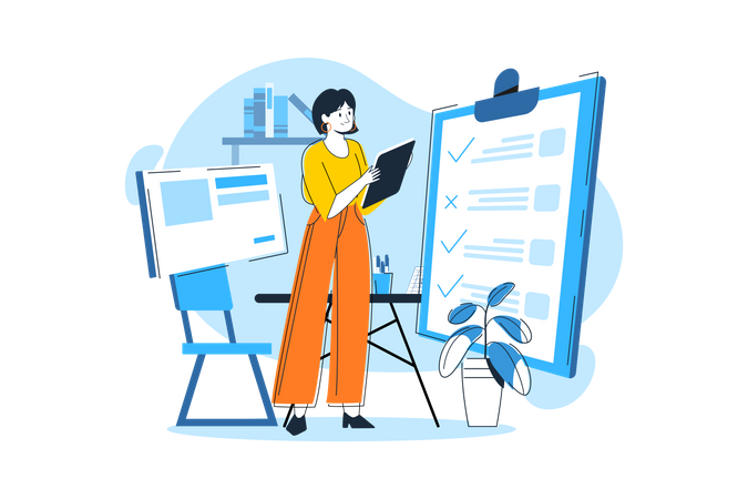 Female Employee Working On The Tasklist  Illustration