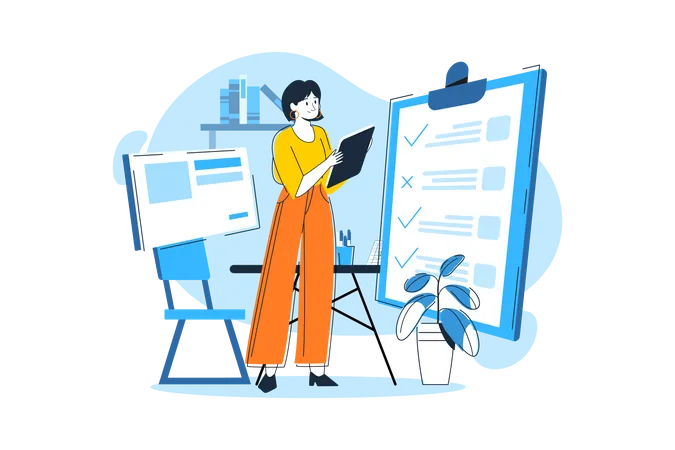 Female Employee Working On The Tasklist  Illustration